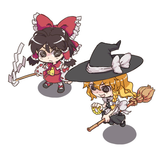 abua, hakurei reimu, kirisame marisa, touhou, 2girls, @ @, blonde hair, bow, braid, broom, broom riding, brown hair, chibi, female focus, gohei, hair bow, hat, mini-hakkero, multiple girls, simple background, skirt, white background, witch, witch hat