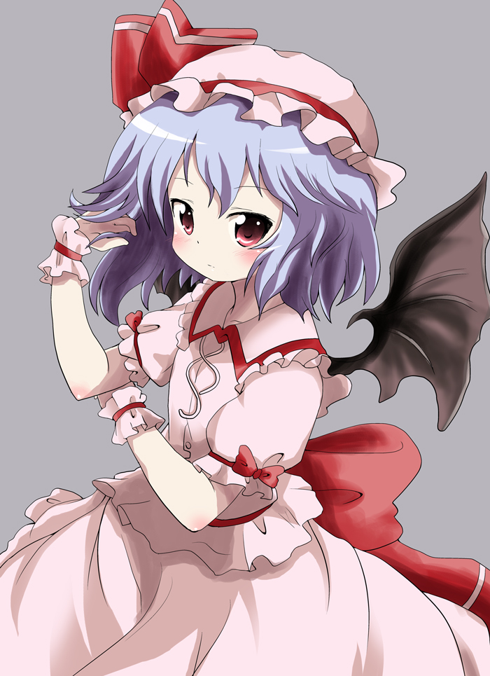 massala, remilia scarlet, touhou, light purple hair, 1girl, bat wings, blue hair, blush, female focus, hand in own hair, hat, red eyes, short hair, solo, wings, wrist cuffs