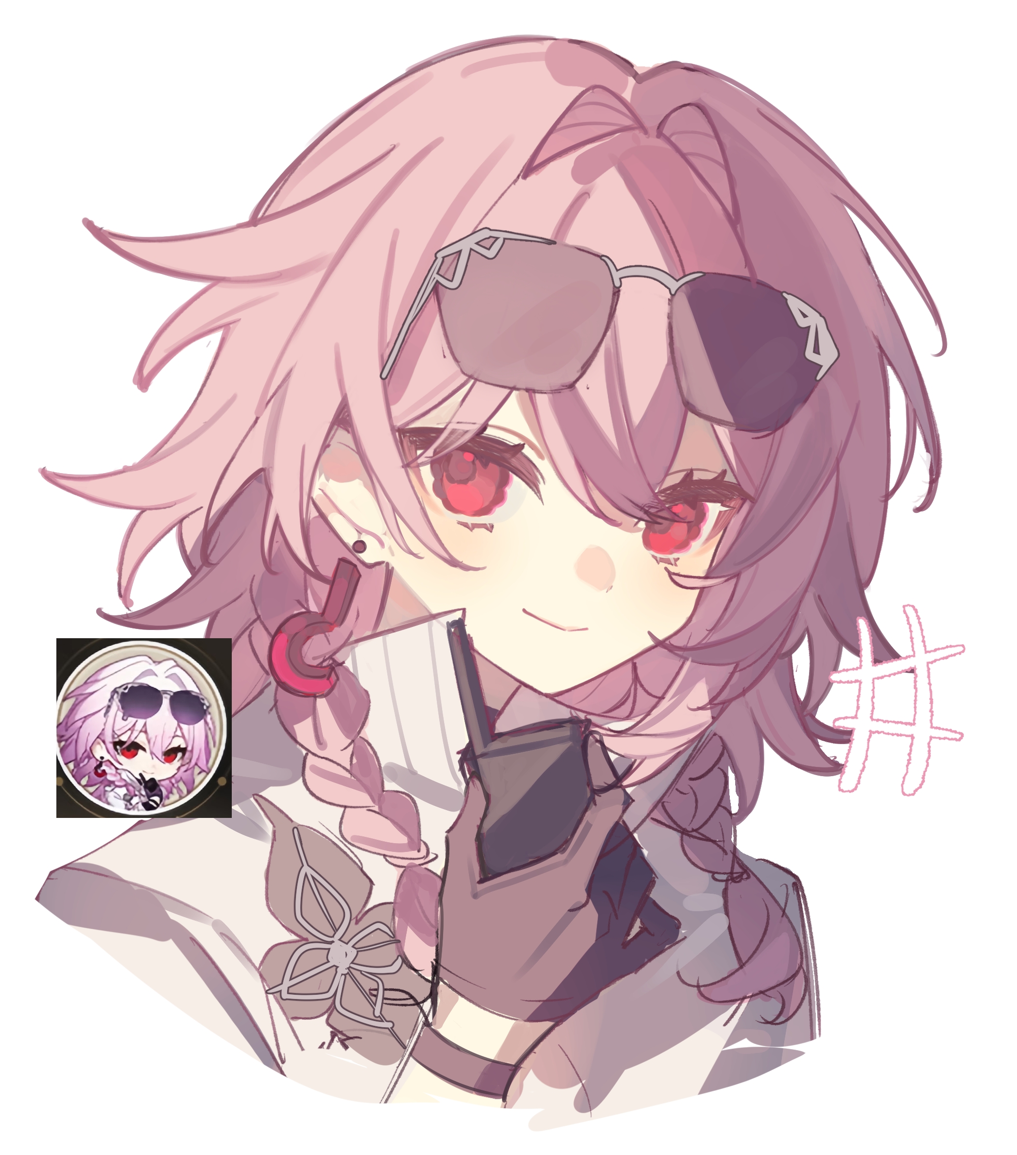 reido 0723, evernight (honkai: star rail), march 7th (honkai: star rail), honkai: star rail, honkai (series), chinese commentary, commentary request, highres, 1girl, black gloves, braid, closed mouth, coat, cropped shoulders, earrings, evernight (lurking) (honkai: star rail), eyewear on head, gloves, hair between eyes, holding, holding walkie-talkie, jewelry, long hair, looking at viewer, official alternate costume, pink hair, red eyes, reference inset, simple background, single earring, smile, solo, sunglasses, twin braids, walkie-talkie, white background, white coat