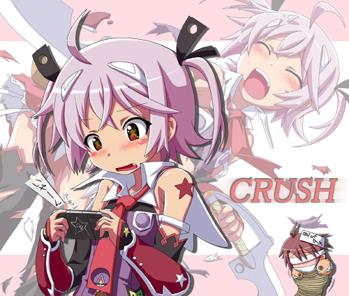 shirosame, cute (queen's blade), jan (queen's blade), queen's blade, queen's blade spiral chaos, lowres, 00s, 1boy, 1girl, ahoge, bare shoulders, bdsm, blush, bondage, bound, brown hair, gauntlets, handheld game console, playing games, playstation portable, purple hair, short hair, tied up (nonsexual)
