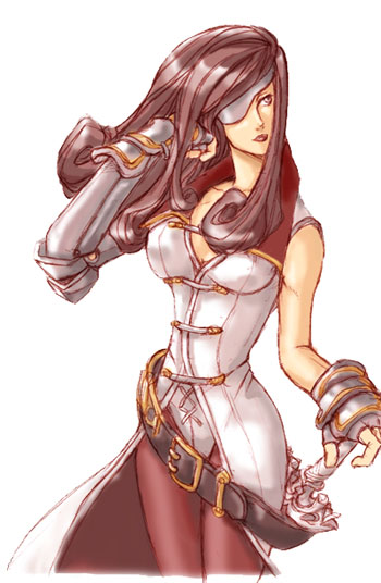 nepon1701, beatrix, final fantasy, final fantasy ix, 00s, 1girl, adjusting hair, belt, breasts, brown eyes, brown hair, eyepatch, female focus, gauntlets, long hair, pantyhose, simple background, solo, sword, weapon, white background