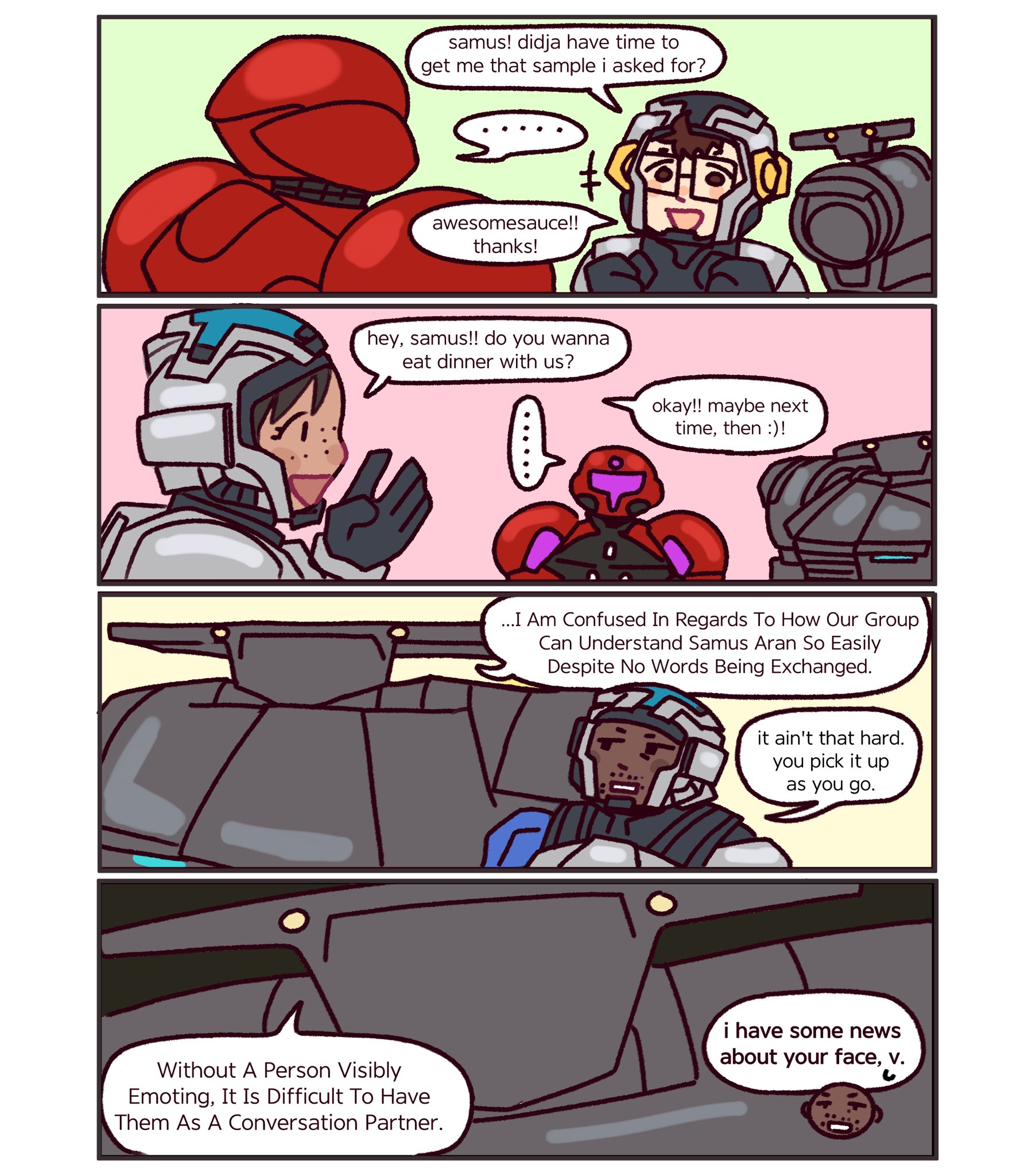 hoshizora lone, myles mackenzie, nora armstrong, samus aran, metroid, metroid prime 4: beyond, nintendo, highres, …, 2boys, 2girls, chibi, comic, dark-skinned female, dark-skinned male, dark skin, english text, ezra duke, freckles, looking at another, multiple boys, multiple girls, open mouth, robot, smile, speech bubble, vue-995