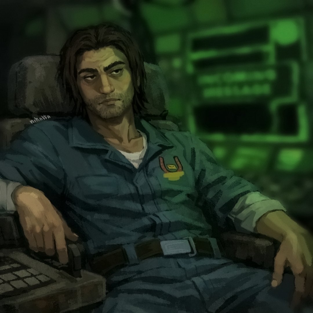 jimmy (mouthwashing), mouthwashing, commentary, english commentary, 1boy, arm rest, bags under eyes, beard stubble, belt, blue shirt, bored, brown eyes, brown hair, collared shirt, cowboy shot, facial hair, head tilt, in-universe location, leaning back, male focus, mullet, pony express uniform, shirt, slouching, solo, stubble, undershirt, white shirt, x nikatta x