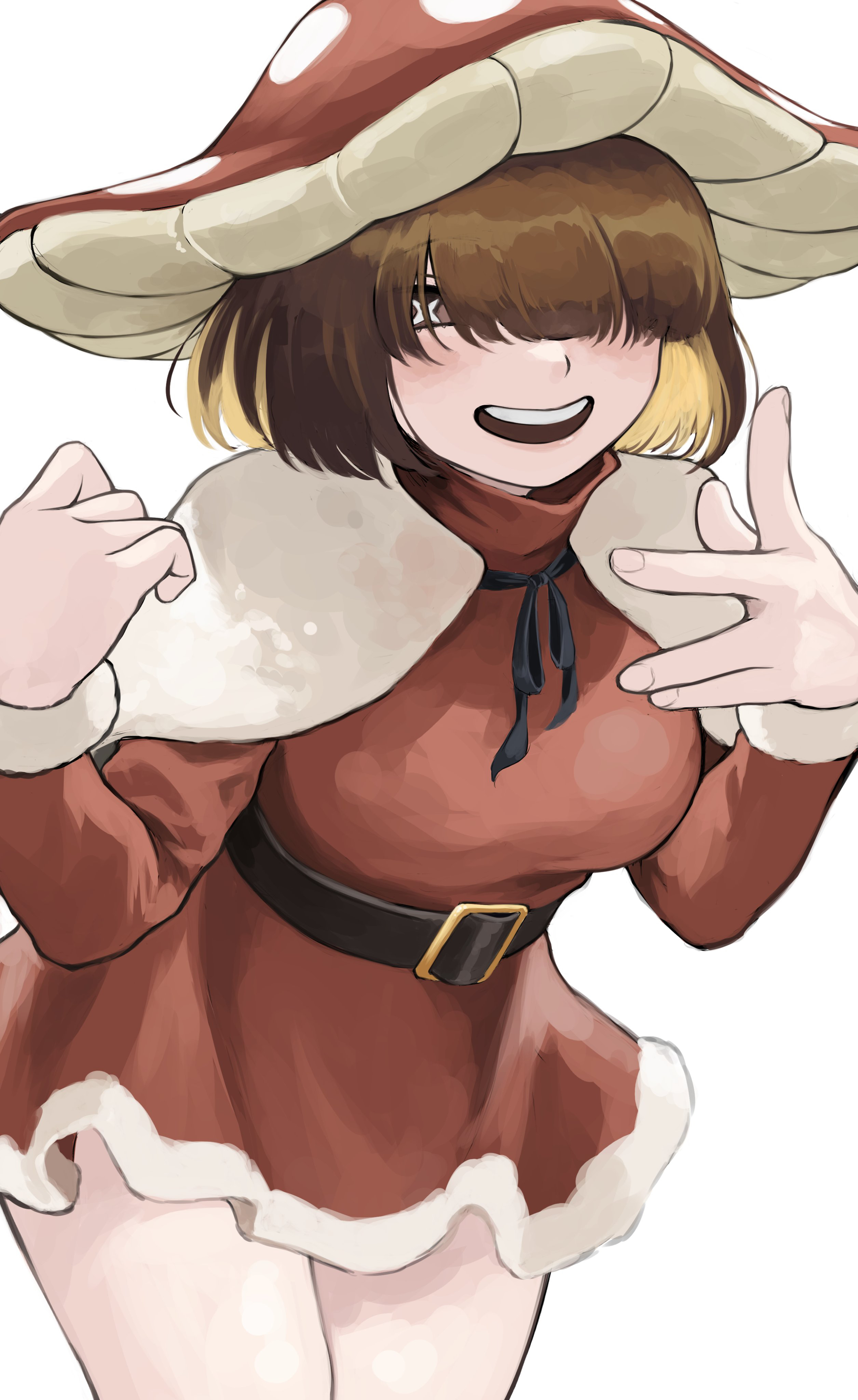 fengling (furin-jp), komori kinoko, boku no hero academia, absurdres, commentary request, highres, 1girl, belt, black belt, blush, breasts, brown eyes, brown hair, capelet, dress, hair over eyes, hat, long sleeves, looking at viewer, medium breasts, medium hair, mushroom, mushroom hat, open mouth, polka dot, red dress, simple background, smile, solo, star-shaped pupils, star (symbol), symbol-shaped pupils, white background, white capelet, x-shaped pupils
