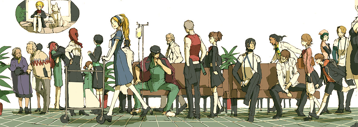 gecco, hirasawa geko, adel tulba, aigis (persona), amada ken, aragaki shinjirou, bunkichi (persona 3), doujima nanako, iori junpei, kirijou mitsuru, koromaru (persona), leslie sears, mira kimishima, mitsuko (persona 3), oohashi maiko, robert hoffman, sanada akihiko, shiomi kotone, takeba yukari, tonegawa anju, tsukimori kousuke, tyler chase, victor niguel, yamagishi fuuka, yoshino chidori, atlus, chou shittou caduceus, persona, persona 3, persona 3 portable, persona 4, shin megami tensei, bad id, bad pixiv id, 6+boys, 6+girls, animal, beanie, blonde hair, brown hair, child, coat, company connection, crossover, dog, hair ornament, hairclip, hat, hospital, hug, lab coat, long hair, multiple boys, multiple girls, red hair, school uniform, short hair, skirt, smile, trench coat