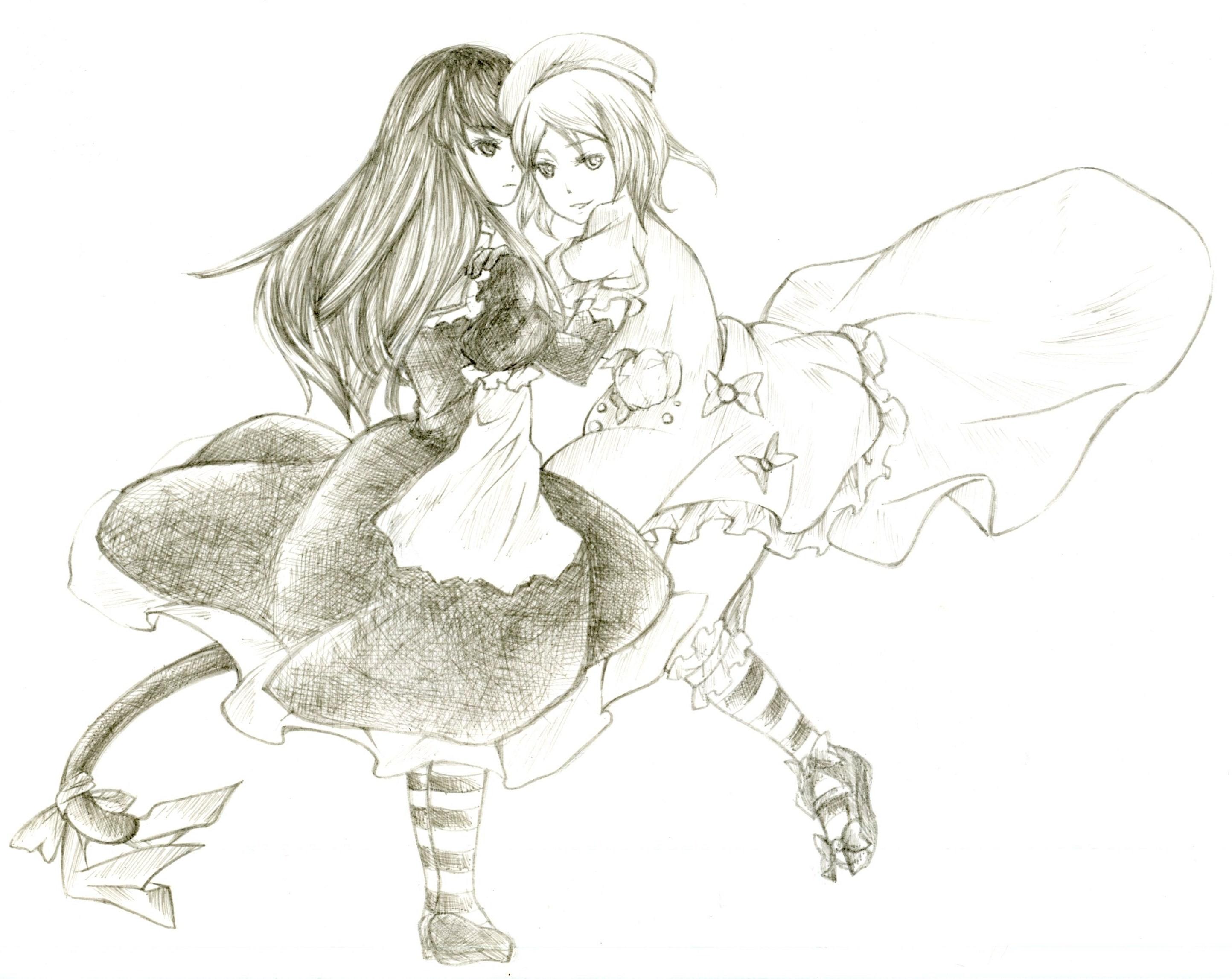 frederica bernkastel, lambdadelta, umineko no naku koro ni, highres, 00s, dress, floating, kneehighs, long hair, monochrome, socks, tail