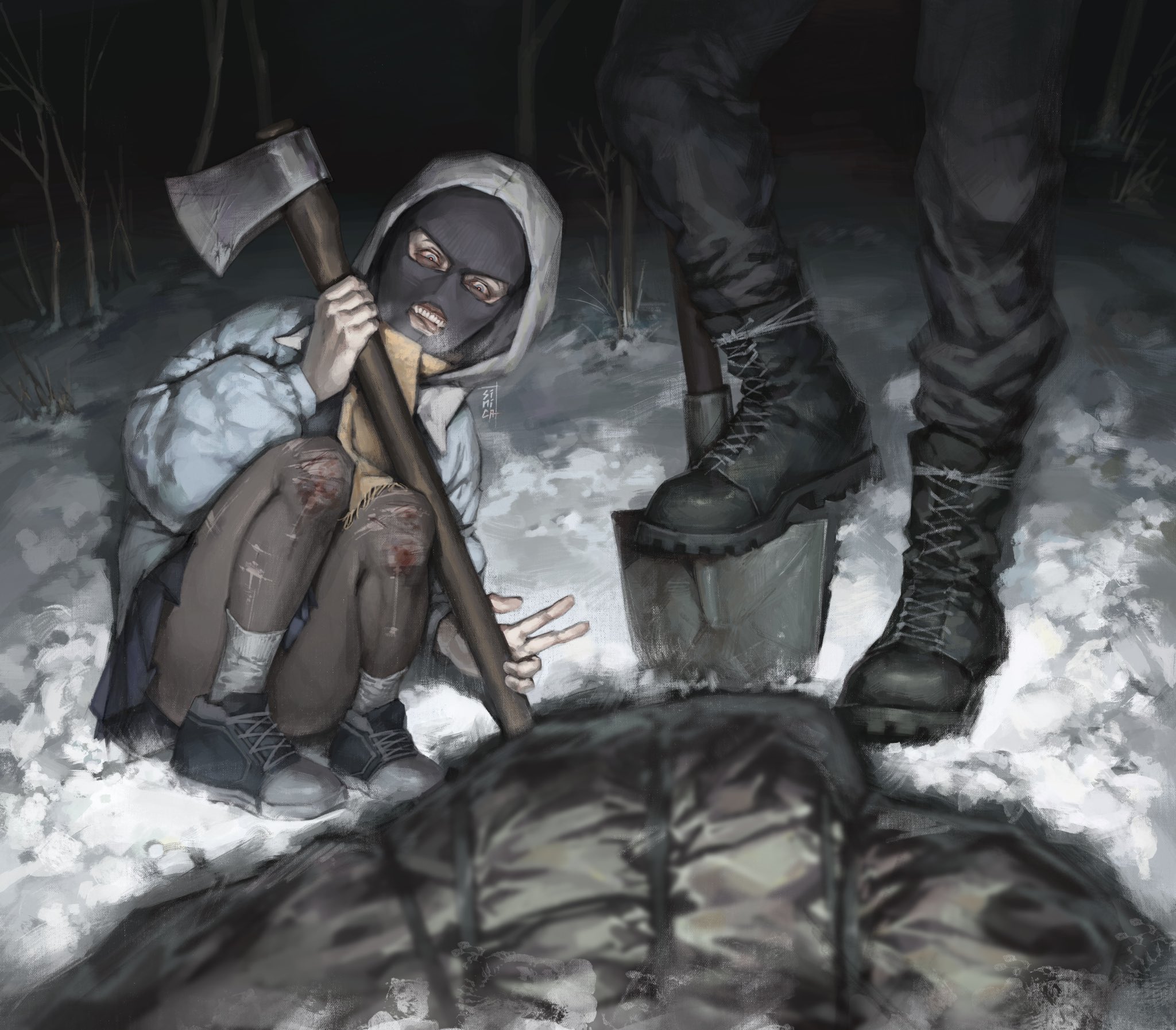 tomtit bird, original, commentary, english commentary, highres, 2others, axe, black pantyhose, boots, bruise, bruise on knee, bruise on leg, covered face, grin, holding, holding axe, holding shovel, hole, hood, hood up, injury, jacket, knees up, looking at viewer, multiple others, outdoors, pantyhose, planted, planted shovel, shoes, shovel, sitting, smile, sneakers, snow, socks, torn clothes, torn pantyhose, white jacket, white socks