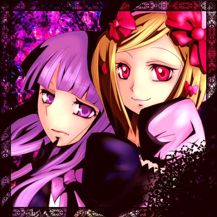 frederica bernkastel, lambdadelta, umineko no naku koro ni, 00s, 2girls, blonde hair, bow, hair bow, hat, long hair, multiple girls, multiple hair bows, purple eyes, purple hair, red eyes, short hair