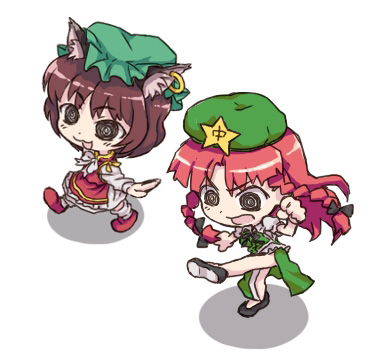 abua, chen, hong meiling, touhou, lowres, 2girls, animal ears, braid, brown hair, cat ears, cat girl, chibi, earrings, female focus, full body, hat, jewelry, kicking, long hair, multiple girls, red hair, short hair, simple background, skirt, twin braids, white background