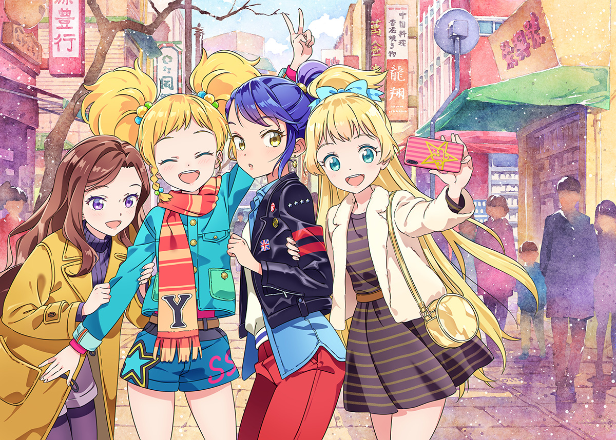 katoh akatsuki, kasumi yozora, kisaragi tsubasa, nikaido yuzu, shiratori hime, aikatsu! (series), aikatsu stars!, commentary request, 4girls, :d, arm up, black dress, black jacket, blonde hair, blue eyes, blue hair, blue jacket, blue shorts, bow, brown hair, building, casual, closed eyes, coat, cowboy shot, dress, hair bobbles, hair bow, hair ornament, holding, holding phone, jacket, long hair, long sleeves, looking at viewer, multicolored hair bobbles, multiple girls, open mouth, outdoors, pants, people, phone, ponytail, red pants, red scarf, road, scarf, short dress, shorts, smile, standing, street, striped clothes, striped scarf, sweater, taking picture, turtleneck, turtleneck sweater, twintails, v, white jacket, yellow bag, yellow coat, yellow eyes