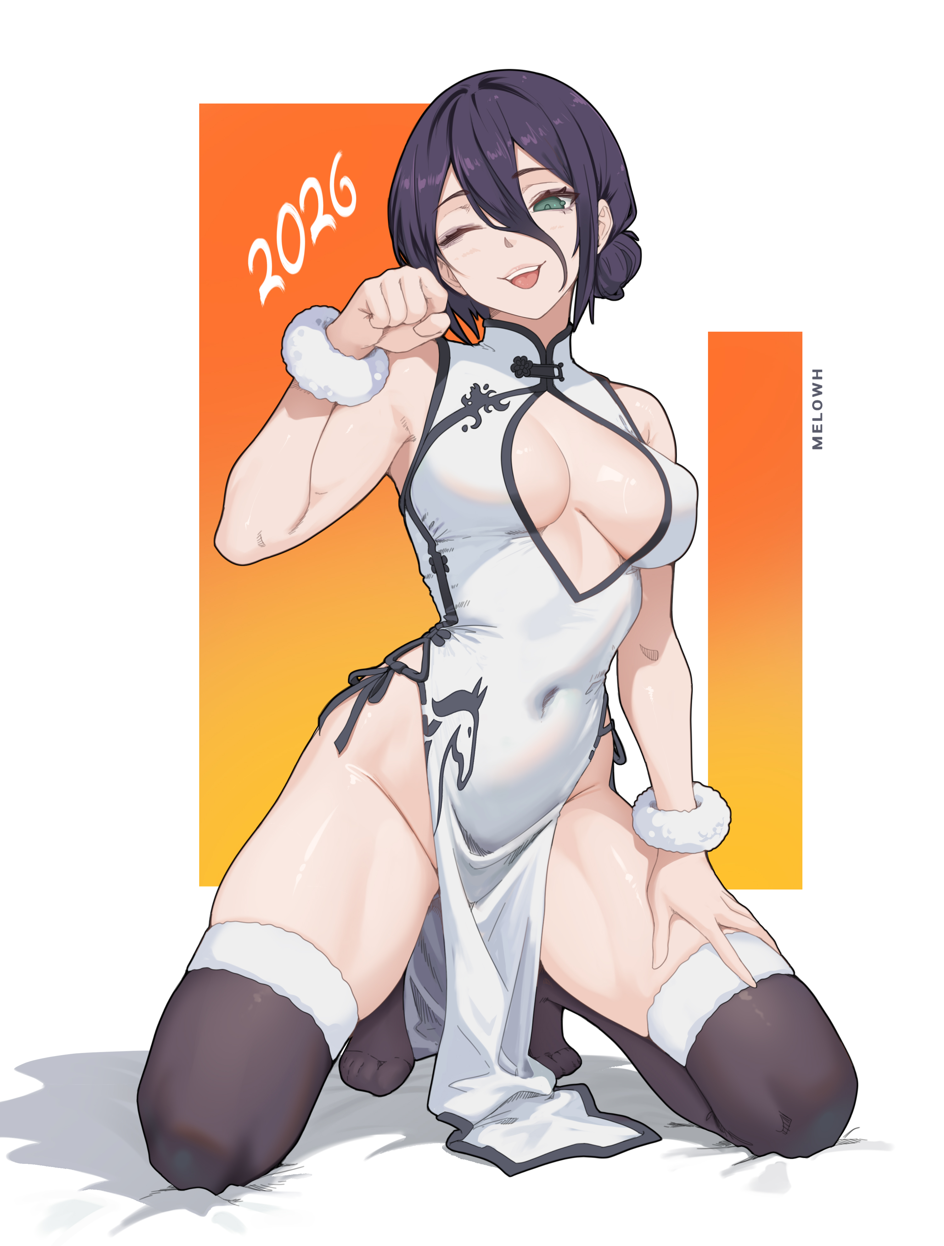 melowh, reze (chainsaw man), chainsaw man, absurdres, commentary, english commentary, highres, 1girl, 2026, alternate costume, black thighhighs, breasts, china dress, chinese clothes, cleavage cutout, clothing cutout, covered navel, dress, green eyes, hair between eyes, highleg, highleg dress, kneeling, looking at viewer, medium breasts, paw pose, purple hair, solo, thighhighs, tongue, tongue out, white dress