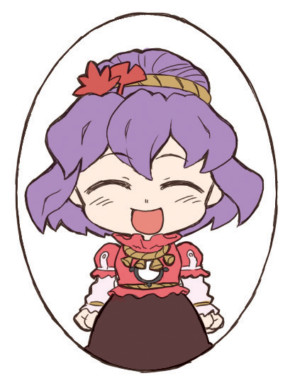 abua, yasaka kanako, touhou, 1girl, chibi, female focus, hair ornament, leaf hair ornament, purple hair, smile, solo