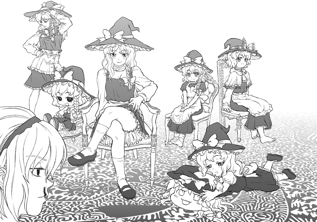 abua, alice margatroid, kirisame marisa, touhou, 6+girls, age comparison, aged down, aged up, barefoot, blood, bow, braid, chair, crossed legs, feet, female focus, greyscale, hair bow, hairband, hat, monochrome, multiple girls, multiple persona, nosebleed, sitting, socks, witch, witch hat, yukkuri shiteitte ne, yuri
