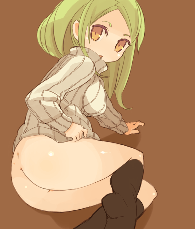 mota, original, 1girl, ass, black socks, bottomless, brown background, female focus, green hair, kneehighs, naked sweater, no panties, simple background, socks, solo, sweater, turtleneck, yellow eyes