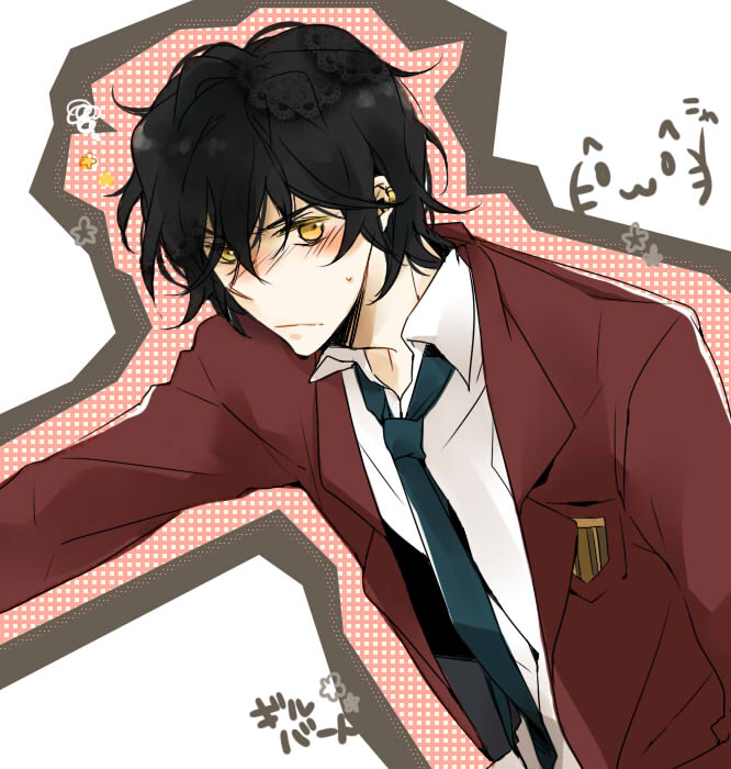 moca, gilbert nightray, pandora hearts, bad id, bad pixiv id, jpeg artifacts, 00s, 1boy, black hair, blush, male focus, necktie, school uniform, short hair, solo, yellow eyes