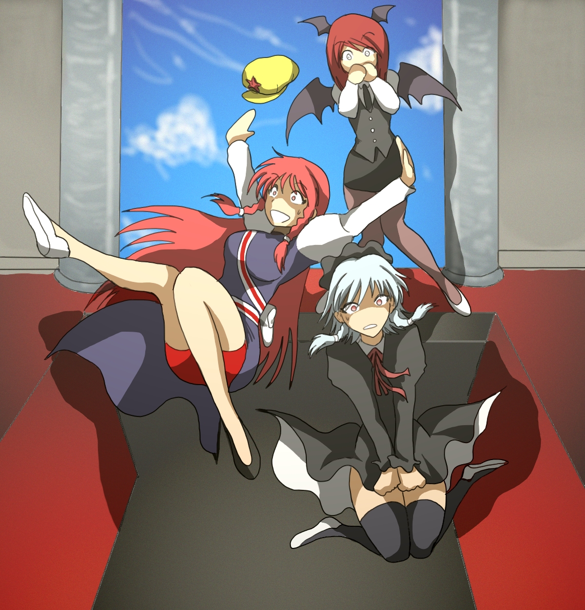 junkei, hong meiling, izayoi sakuya, koakuma, embodiment of scarlet devil, lupin iii, tms entertainment, touhou, silver hair, bad id, bad pixiv id, 3girls, asymmetrical clothes, asymmetrical footwear, bat wings, black thighhighs, braid, dress, female focus, hat, head wings, long hair, mismatched footwear, multiple girls, pantyhose, red eyes, red hair, short hair, skirt, sky, thighhighs, twin braids, wings