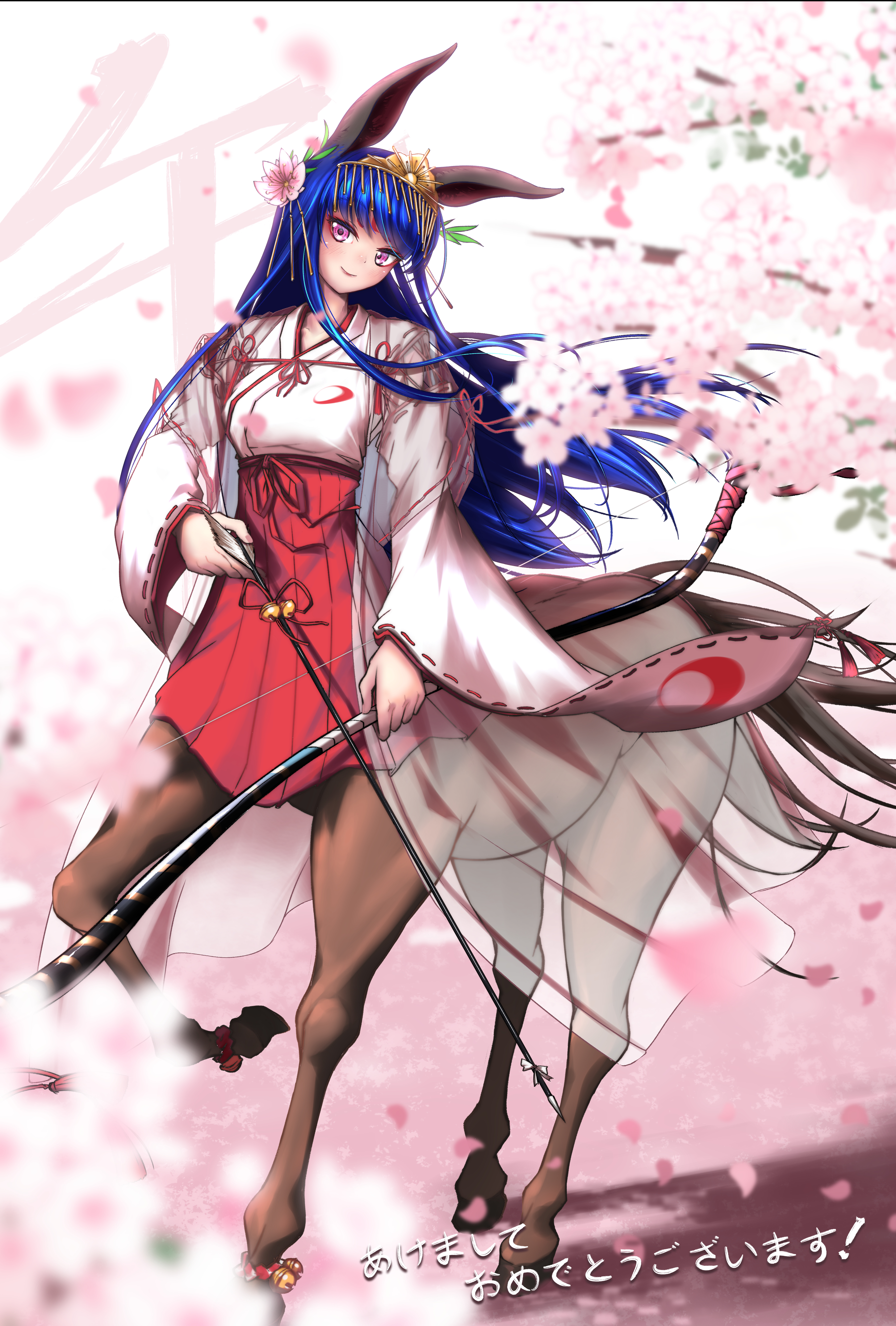 original, absurdres, commentary request, highres, translation request, 1girl, akeome, animal ears, ankle bell, arrow (projectile), blue hair, bow (weapon), breasts, centaur, cherry blossoms, chinese zodiac, closed mouth, collarbone, facial mark, falling petals, flower, forehead mark, full body, hair flower, hair ornament, hakama, hakama skirt, happy new year, high-waist skirt, holding, holding arrow, holding bow (weapon), holding weapon, hooves, horse ears, horse tail, japanese clothes, kimono, long hair, long sleeves, looking at viewer, maetenkan, medium breasts, monster girl, multiple legs, new year, petals, purple eyes, red hakama, ribbon-trimmed sleeves, ribbon trim, shadow, sidelocks, skirt, smile, solo, standing, standing on three legs, tail, taur, weapon, white kimono, year of the horse, yozakura douji