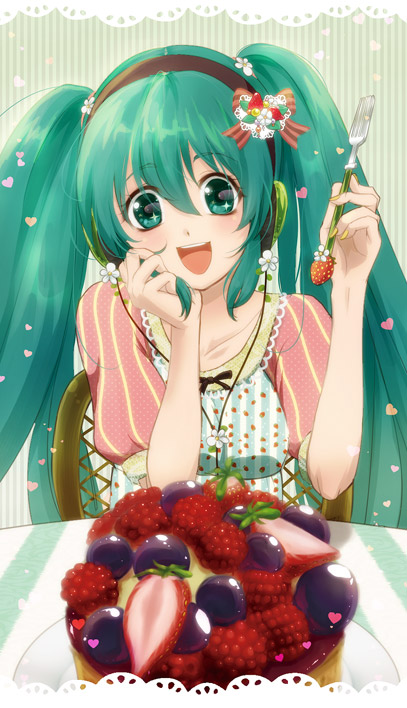 galibo, hatsune miku, vocaloid, bad id, bad pixiv id, 1girl, blush, female focus, food, fork, fruit, green eyes, green hair, headphones, holding, holding fork, long hair, matching hair/eyes, smile, solo, strawberry, twintails