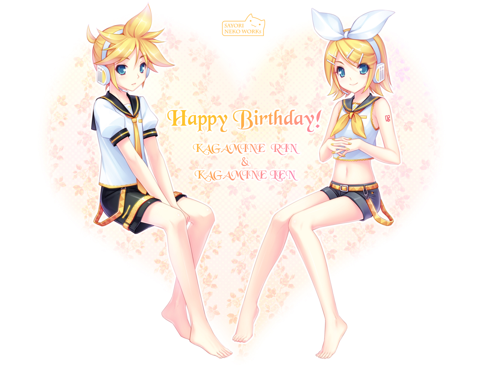 sayori (neko works), kagamine len, kagamine rin, vocaloid, bad id, bad pixiv id, highres, 1boy, 1girl, aqua eyes, barefoot, blonde hair, bow, brother and sister, feet, full body, hair bow, hair ornament, hairpin, headset, midriff, necktie, short hair, shorts, siblings, sleeveless, smile, twins, yellow necktie