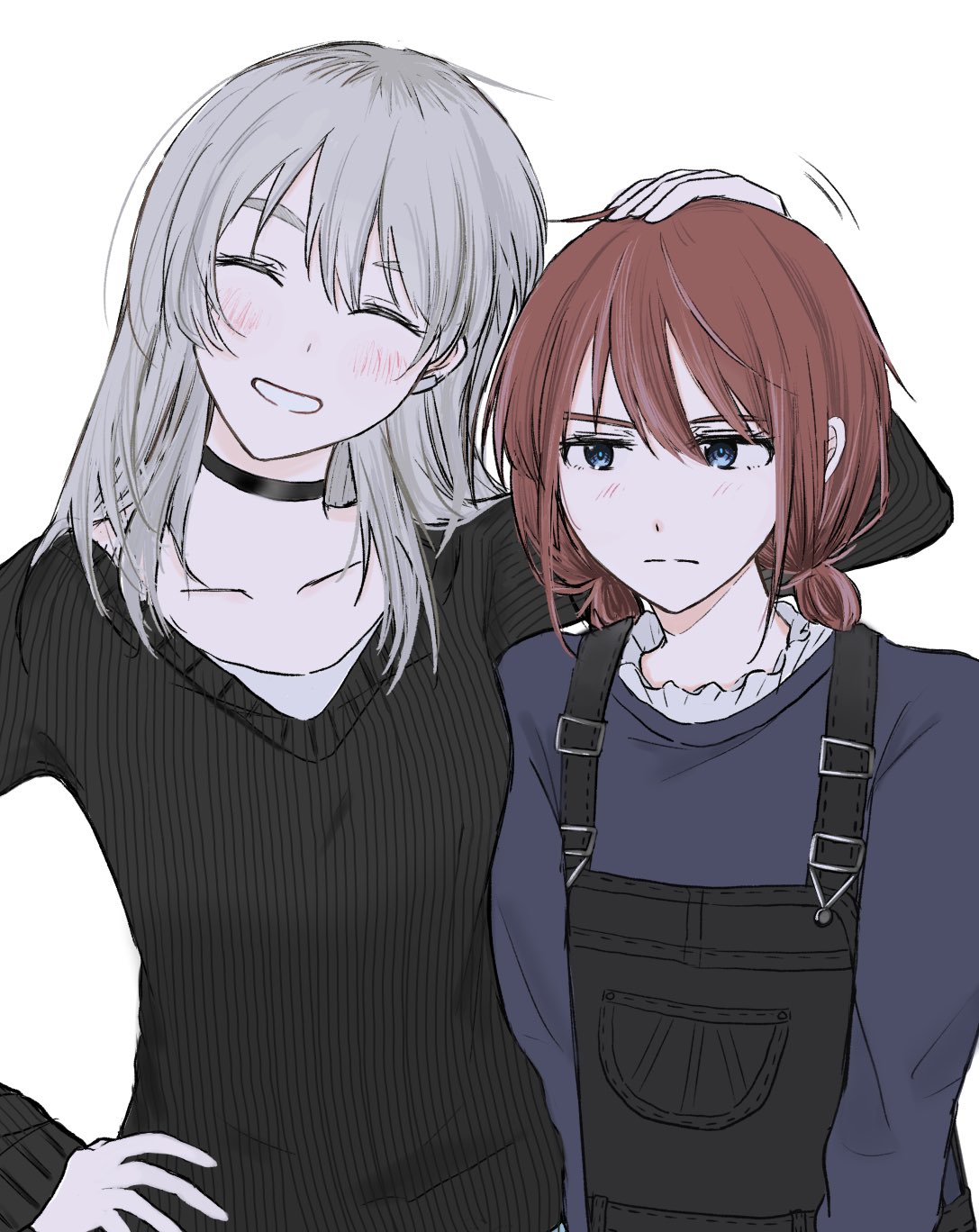 iseri nina, kawaragi momoka, girls band cry, commentary request, highres, 2girls, black overalls, black sweater, blue eyes, blue sweater, blush, brown hair, closed eyes, grcr pometa1118, grey hair, hair between eyes, hand on own hip, headpat, long hair, low twintails, multicolored hair, multiple girls, open mouth, overalls, roots (hair), short hair, short twintails, simple background, sweater, twintails, white background