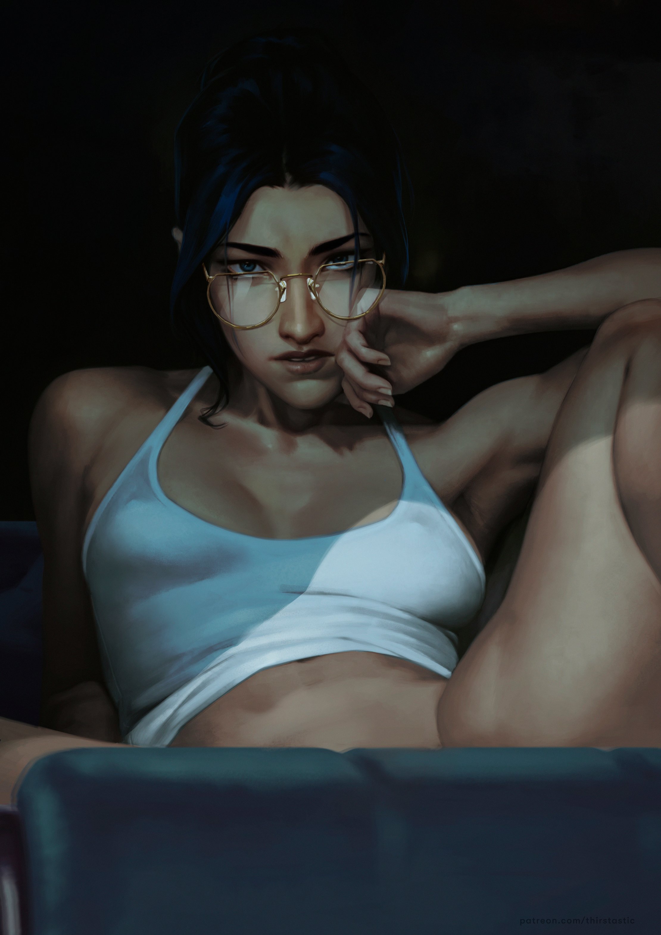 dima ivanov, caitlyn (league of legends), arcane: league of legends, league of legends, absurdres, commentary, highres, symbol-only commentary, 1girl, blue eyes, blue hair, bottomless, breasts, cleavage, collarbone, convenient censoring, covered erect nipples, dark background, film grain, glasses, hand on own face, looking at viewer, medium breasts, parted lips, reclining, sideboob, simple background, solo, spread legs, tank top, toned, toned female, white tank top