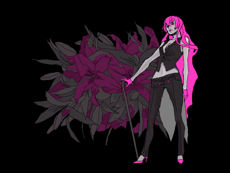 rq, megurine luka, vocaloid, 1girl, breasts, cane, female focus, flower, gloves, high heels, lips, long hair, medium breasts, microphone, pants, pink hair, pink theme, shoes, solo, very long hair