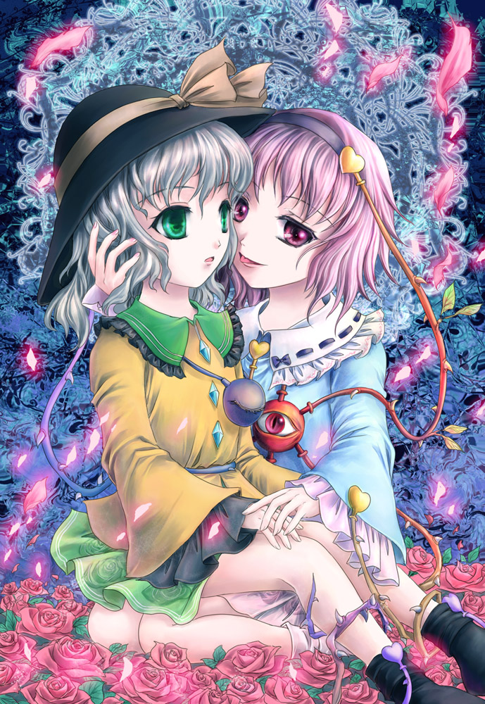 yuki shuuka, komeiji koishi, komeiji satori, touhou, silver hair, bad id, bad pixiv id, 2girls, dress, female focus, flat chest, green eyes, hairband, hat, heart, incest, multiple girls, plant, purple eyes, purple hair, short hair, siblings, sisters, tongue, yuri