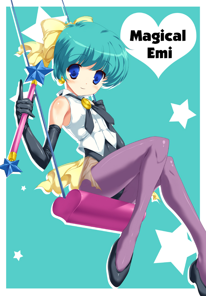 shimesaba kohada, kazuki mai, magical emi, mahou no star magical emi, 1980s (style), 1girl, blue eyes, blush, bow, character name, earrings, elbow gloves, female focus, gloves, green hair, jewelry, leotard, magical girl, oldschool, pantyhose, purple pantyhose, retro artstyle, sitting, solo, star (symbol), wand, yellow bow