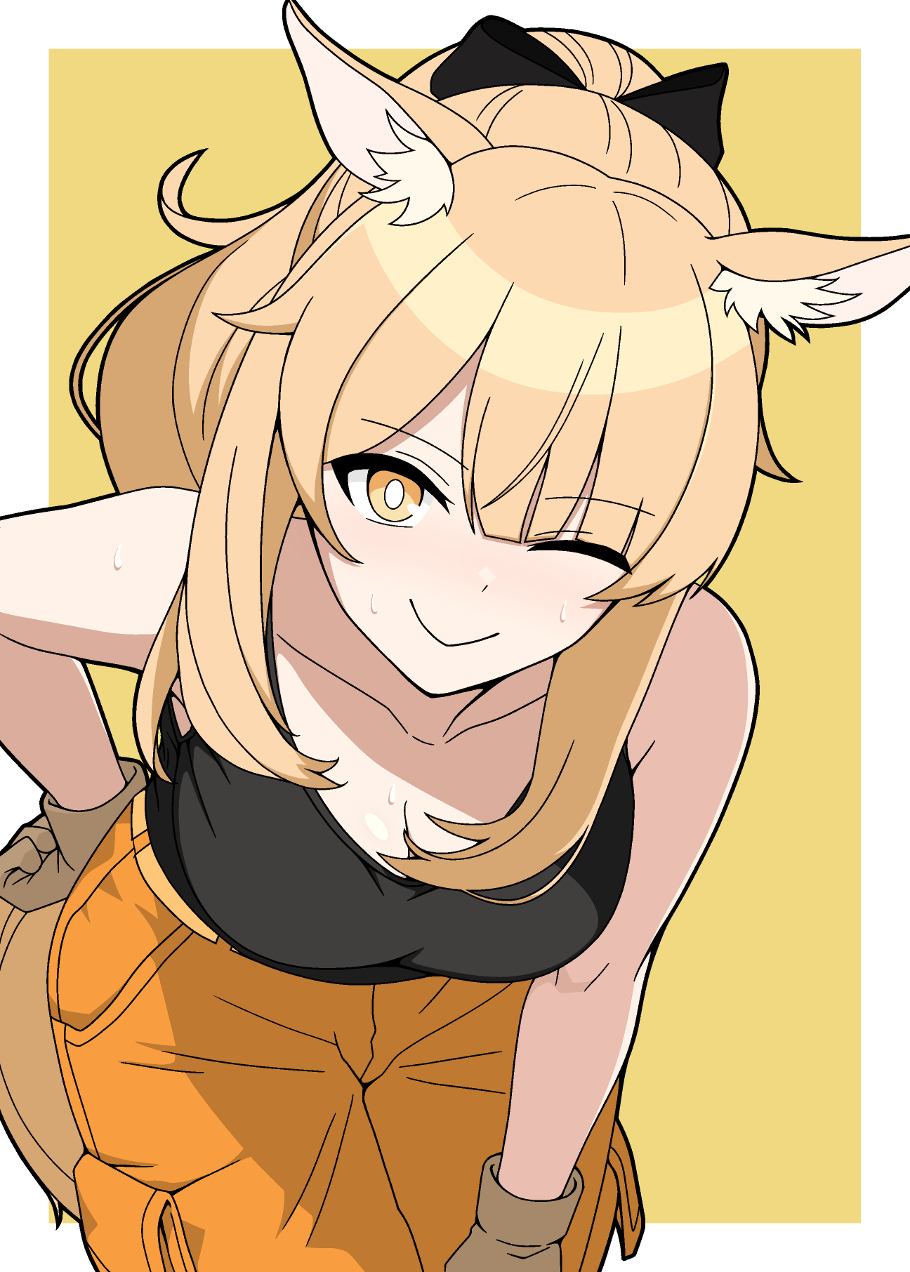 dr bulkman, blemishine (arknights), arknights, commentary request, highres, 1girl, ;), animal ear fluff, animal ears, bare shoulders, bent over, blonde hair, border, breasts, bright pupils, brown gloves, closed mouth, gloves, long hair, looking at viewer, medium breasts, one eye closed, orange pants, outside border, pants, simple background, sleeveless, smile, solo, sweat, white border, white pupils, yellow background, yellow eyes
