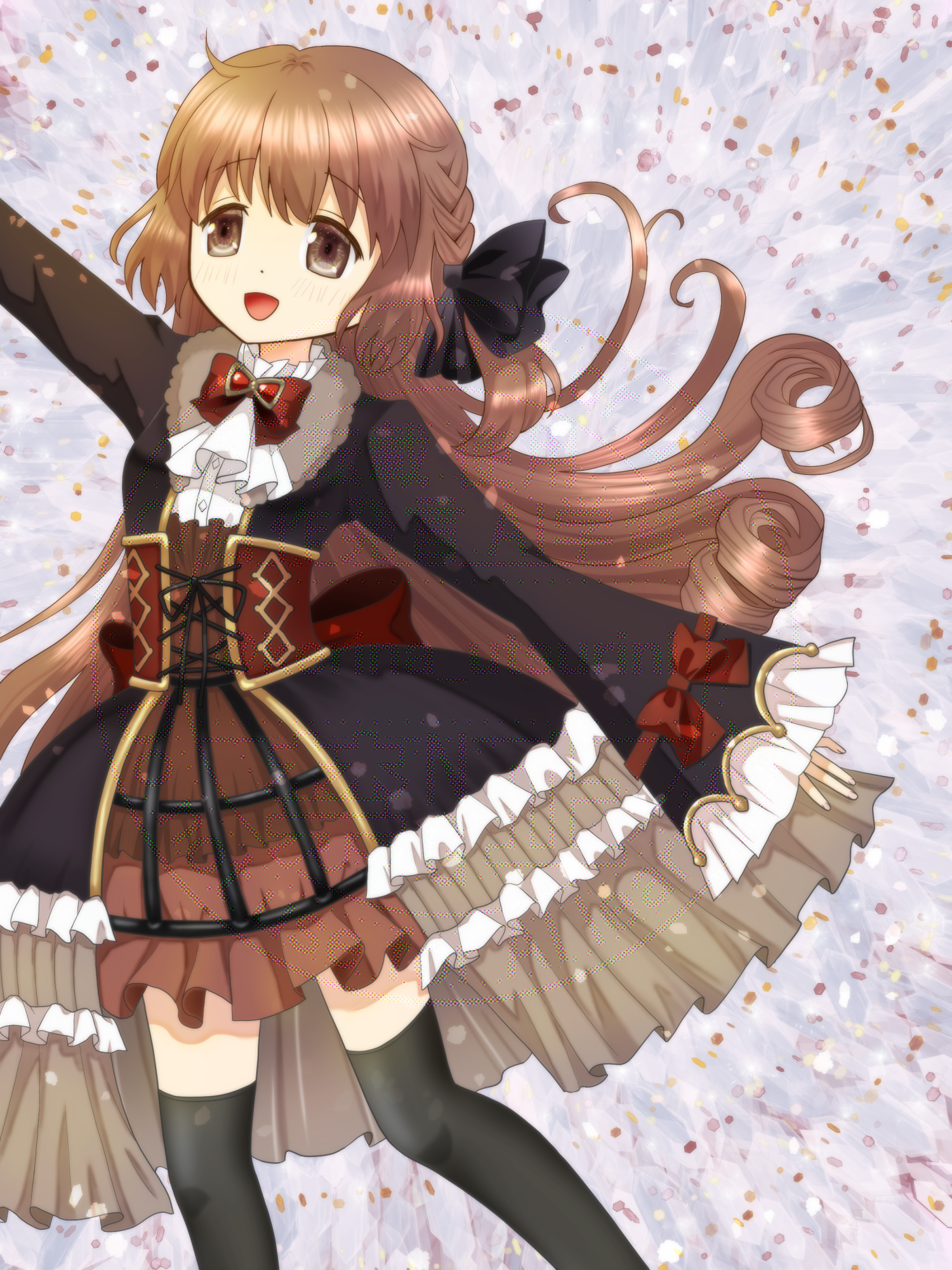 satomi touka, magia record: mahou shoujo madoka magica gaiden, mahou shoujo madoka magica, mahou shoujo madoka magica magia exedra, commentary request, highres, 1girl, black bow, black bowtie, black eyes, black thighhighs, bow, bowtie, braid, brown hair, curly hair, dress, frilled dress, frilled skirt, frills, gothic lolita, lolita fashion, magical girl, open mouth, skirt, smile, thighhighs, user axya3525