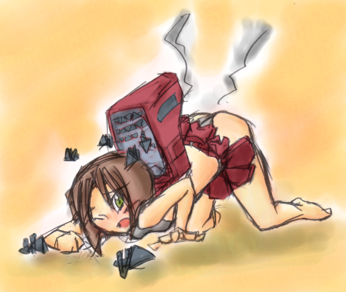 novemdecuple, cabracan, armored core, armored core: for answer, fromsoftware, 1girl, all fours, ass, brown hair, female focus, full body, green eyes, mecha, mecha musume, panties, robot, short hair, skirt, solo, underwear