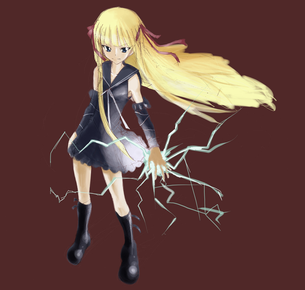 rafteena, evangeline a.k. mcdowell, mahou sensei negima!, 00s, 1girl, blonde hair, blue eyes, detached sleeves, electricity, electrokinesis, female focus, hair ribbon, magic, ribbon, sailor collar, solo, vampire