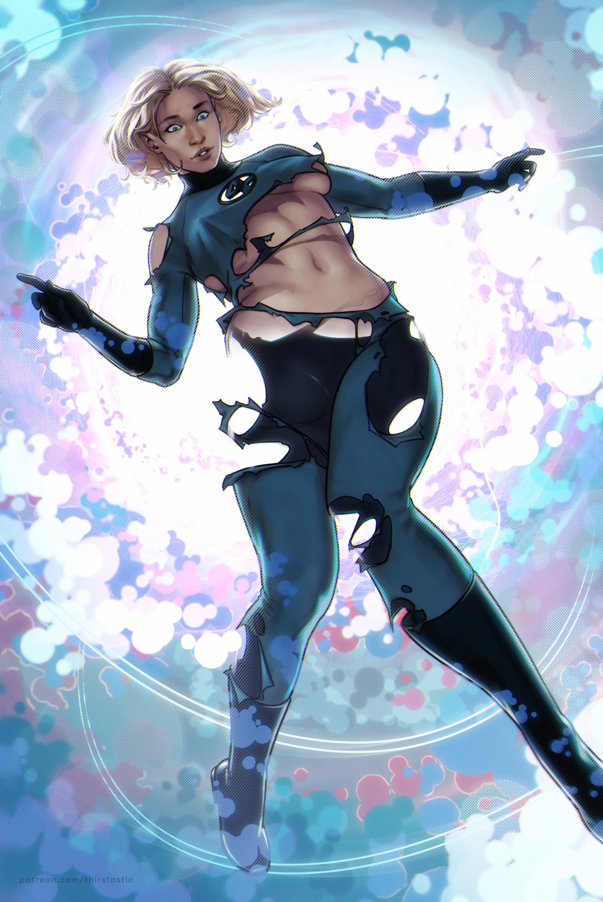 dima ivanov, sue storm, marvel, x-men, absurdres, commentary, english commentary, highres, 1girl, black gloves, blonde hair, blue eyes, bodysuit, breasts, chromatic aberration, covered erect nipples, curvy, energy, film grain, full body, gloves, halftone, mature female, medium breasts, medium hair, parted lips, partially invisible, solo, surprised, toned, toned female, torn clothes, underboob, wide hips