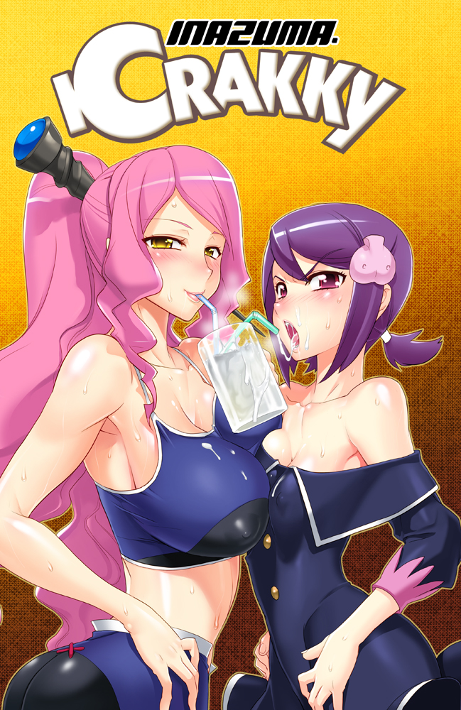 satou shouji, magisa, viole mai, battle spirits, battle spirits: shounen gekiha dan, battle spirits shonen gekiha dan, messy, 2girls, angry, armpits, ass, asymmetrical docking, bare shoulders, blush, breast press, breasts, cleavage, cover, covered erect nipples, crop top, cum, dress, drink, drinking, drinking straw, gokkun, hair ornament, hand on own hip, hands on own hips, hip focus, large breasts, lipstick, looking at viewer, makeup, midriff, multiple girls, off shoulder, open mouth, pink hair, ponytail, purple eyes, purple hair, sagging breasts, sexually suggestive, short hair, short twintails, smile, sweat, tongue, twintails, yellow eyes