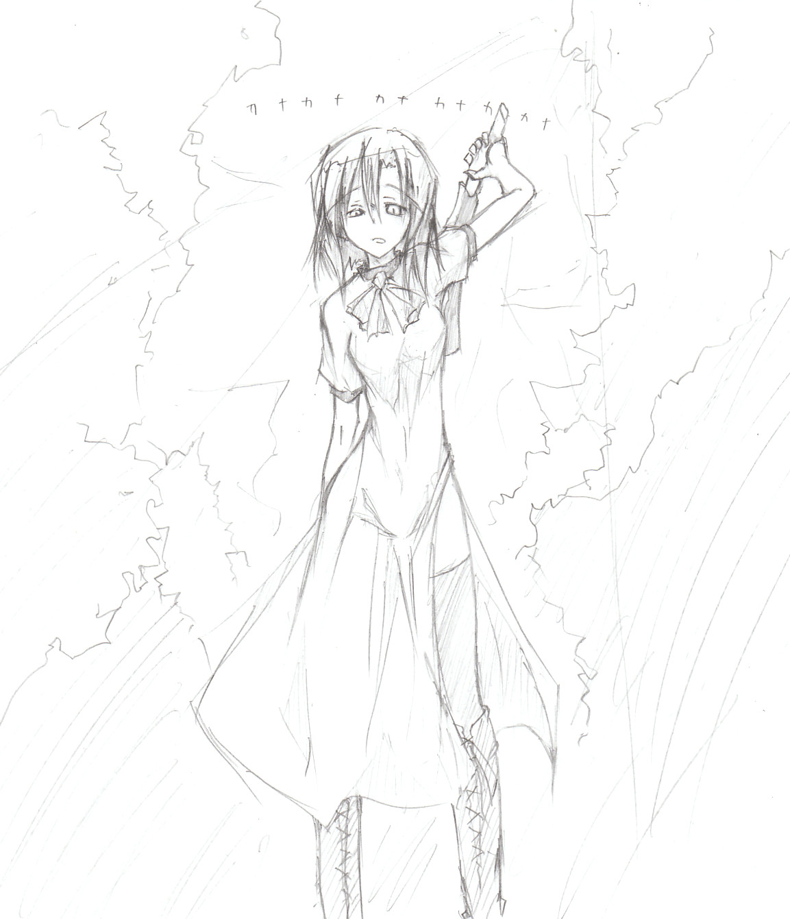 novemdecuple, ryuuguu rena, higurashi no naku koro ni, highres, 00s, 1girl, boots, dress, female focus, monochrome, nature, plant, solo
