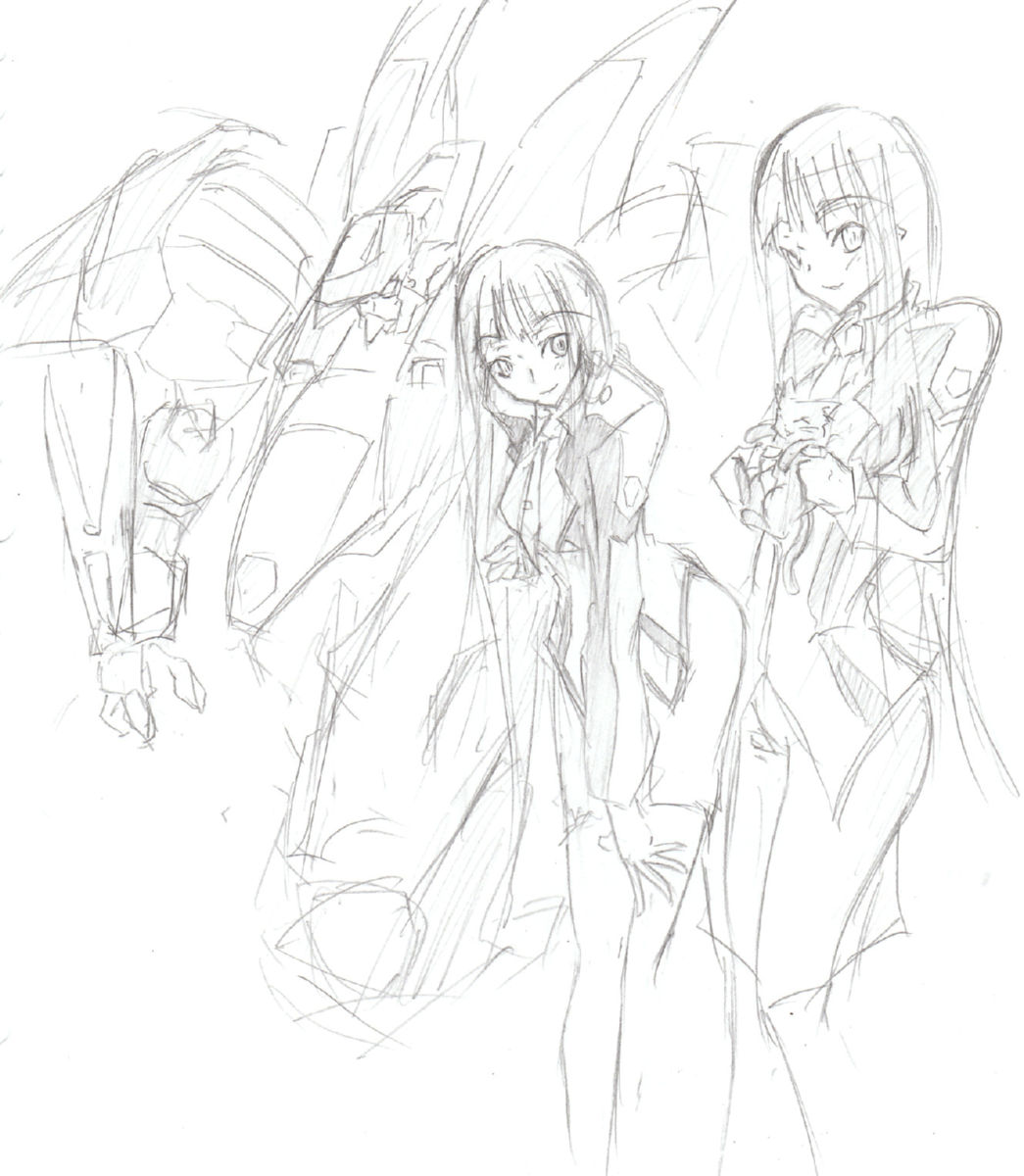 novemdecuple, armored core, fromsoftware, character request, highres, 2girls, animal, cat, monochrome, multiple girls, sketch