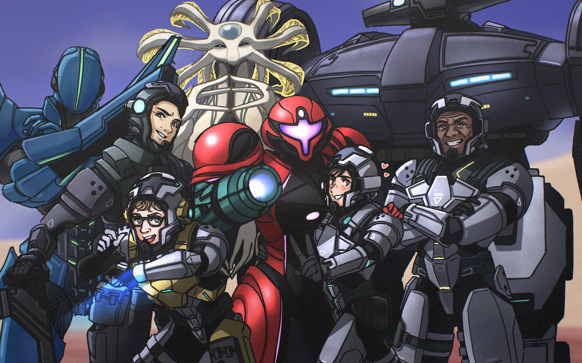 ganbaru kari, lamorn, myles mackenzie, nora armstrong, samus aran, sylux (metroid), metroid, metroid prime 4: beyond, nintendo, highres, alien, arm cannon, armor, blush, crossed arms, dark-skinned male, dark skin, ezra duke, facing viewer, freckles, glasses, grin, heart, helmet, looking at viewer, power armor, reger tokabi, robot, smile, v, vue-995, weapon