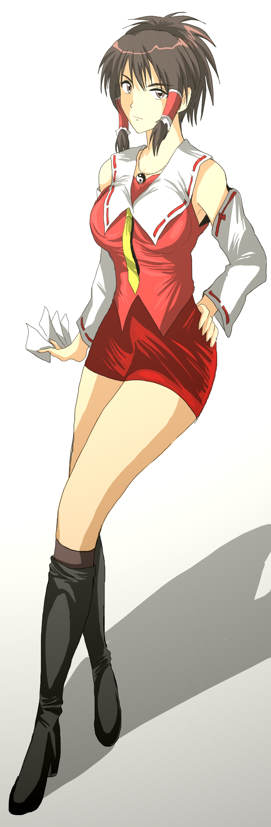 junkei, hakurei reimu, touhou, absurdres, bad id, bad pixiv id, highres, long image, tall image, 1girl, aged up, alternate costume, alternate hairstyle, boots, brown eyes, brown hair, detached sleeves, female focus, japanese clothes, miko, pencil skirt, short hair, skirt, solo, yin yang