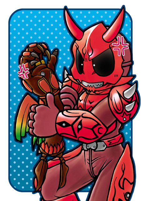 ankh (ooo), momotaros, kamen rider, kamen rider den-o (series), kamen rider ooo (series), bad id, bad pixiv id, 2boys, anger vein, angry, armor, bird, black eyes, bright pupils, claws, disembodied arm, dotted background, fighting, grabbing another's arm, hawk, jewelry, male focus, monster, monster boy, multiple boys, oni, red armor, ring, white pupils, winged arms, wings