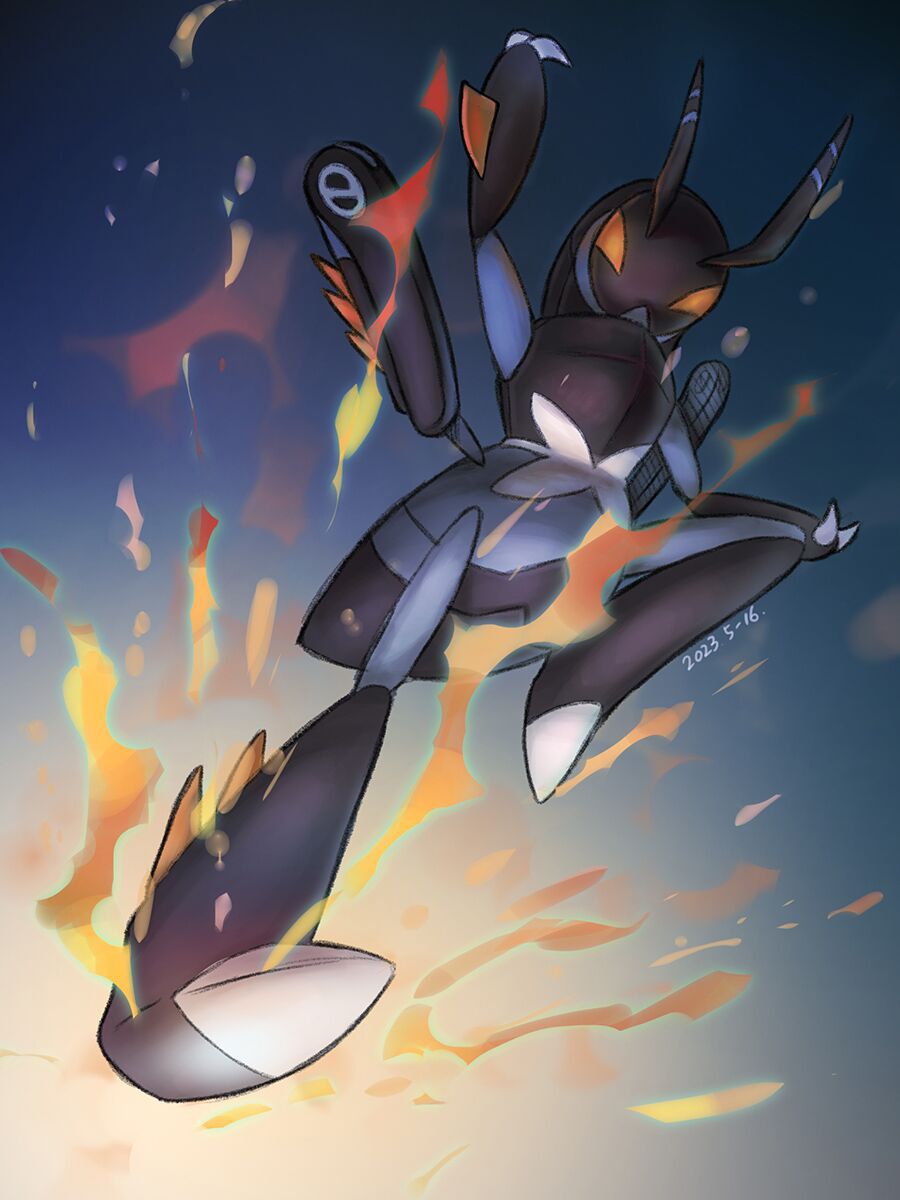 pmmiaomiao, lokix, nintendo, pokemon, commentary, english commentary, highres, antennae, arm up, dated, full body, kicking, pokemon (creature), pokemon focus, rider kick, solo