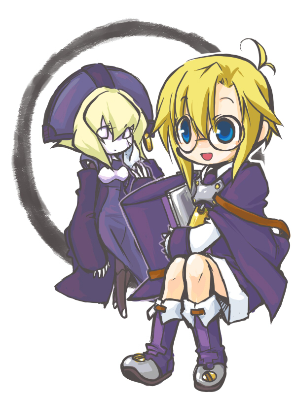 aichi, carl clover, nirvana (blazblue), arc system works, blazblue, blazblue: calamity trigger, 1boy, 1girl, blonde hair, boots, cape, chibi, child, claws, earrings, glasses, gloves, hat, headdress, jewelry, robot, single earring, top hat