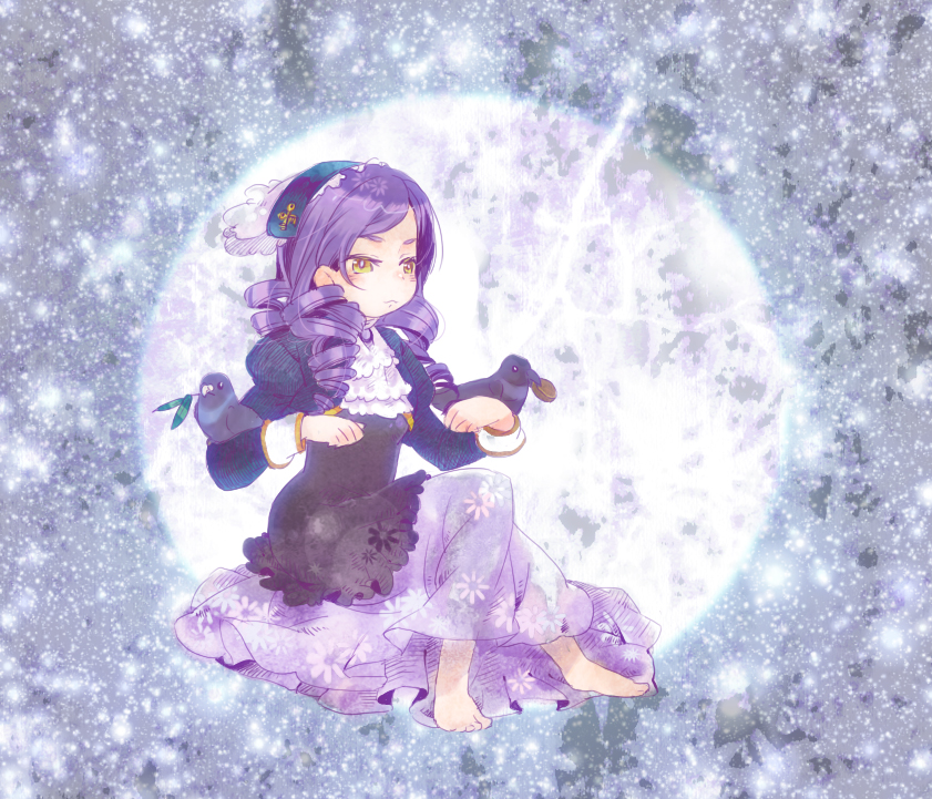 koucha3, dlanor a. knox, eiserne jungfrau, umineko no naku koro ni, light purple hair, 00s, alternate costume, barefoot, bird, dress, drill hair, hat, pigeon, purple hair, sitting, solo, yellow eyes