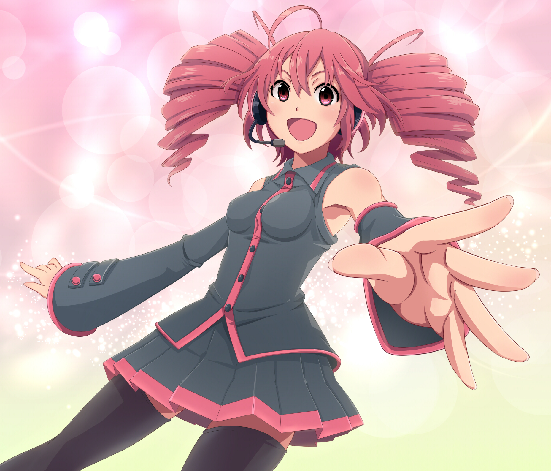 yooguru, kasane teto, kasane teto (utau), utau, vocaloid, highres, 1girl, detached sleeves, drill hair, female focus, headset, open mouth, pink eyes, pink hair, red eyes, skirt, solo, thighhighs, twin drills, twintails, zettai ryouiki