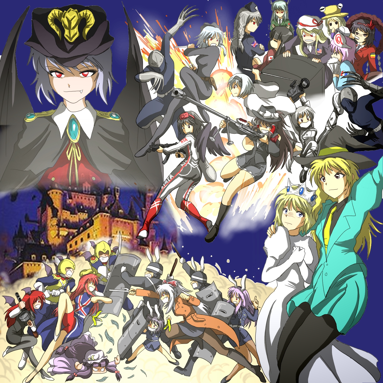 junkei, alice margatroid, ex-keine, fujiwara no mokou, hakurei reimu, hong meiling, houraisan kaguya, inaba tewi, inubashiri momiji, izayoi sakuya, jigen daisuke, kamishirasawa keine, kirisame marisa, koakuma, konpaku youmu, mine fujiko, moriya suwako, patchouli knowledge, reisen udongein inaba, remilia scarlet, saigyouji yuyuko, shameimaru aya, yagokoro eirin, yakumo yukari, yasaka kanako, castle of cagliostro, lupin iii, touhou, highres, 1970s (style), 6+girls, blonde hair, bodysuit, everyone, female focus, hat, multiple girls, parody, retro artstyle