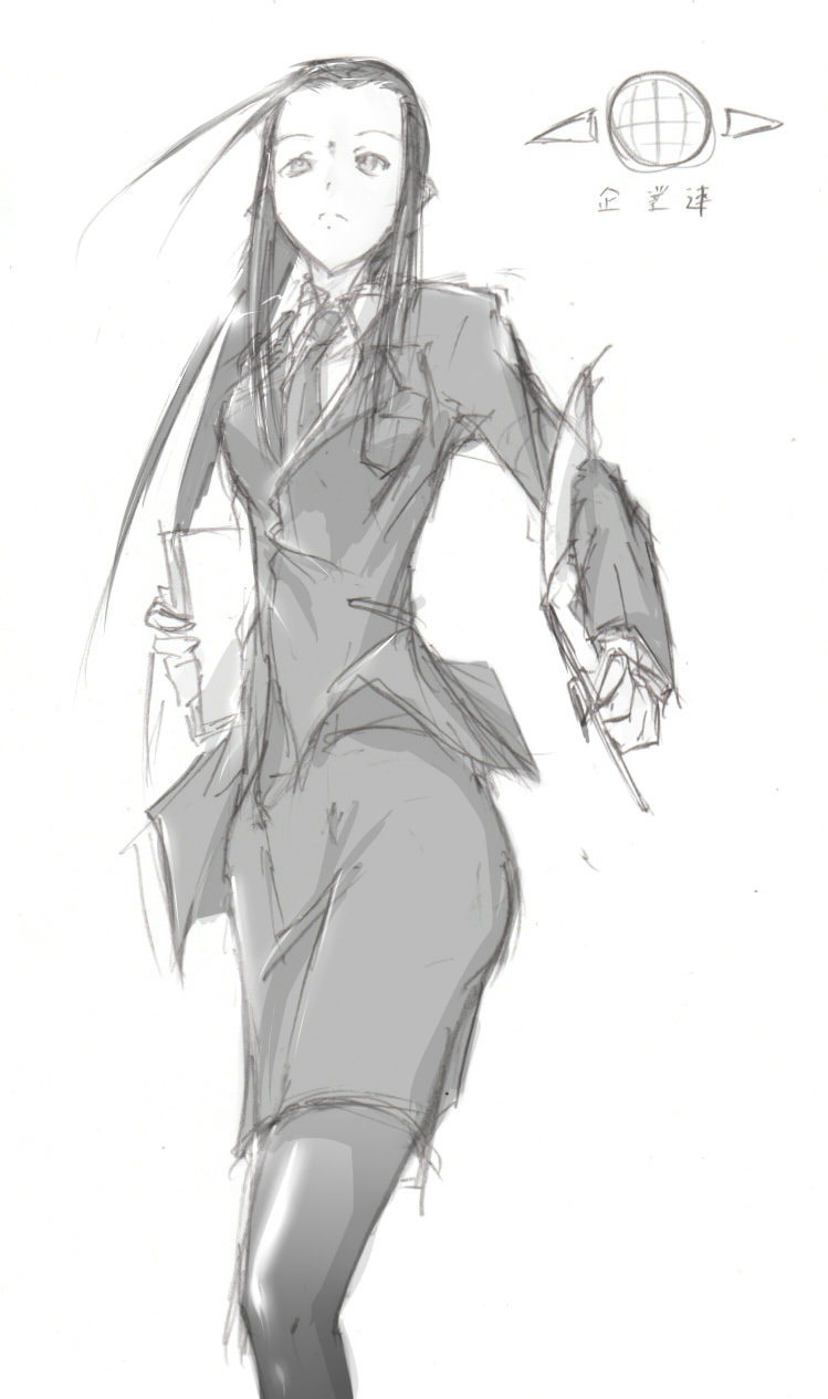 novemdecuple, armored core, armored core: for answer, fromsoftware, highres, 1girl, female focus, formal clothes, monochrome, papers, skirt, solo, white background