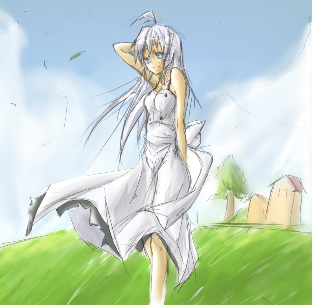 novemdecuple, armored core, fromsoftware, 1girl, building, cloud, dress, female focus, grass, outdoors, plant, sky, solo, standing, white hair