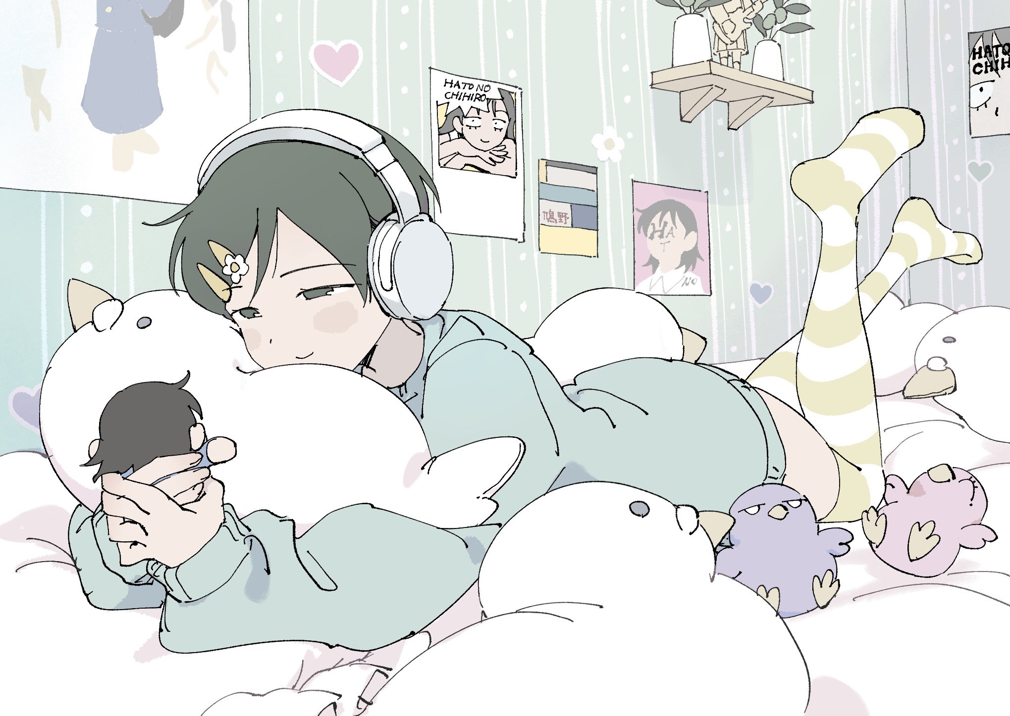 kouyama rin, futsuu no keion-bu, highres, 1girl, bed, black hair, blush, cat, headphones, heart, lying, maha (hiz 55), male focus, on stomach, pillow, smile, solo, thighhighs