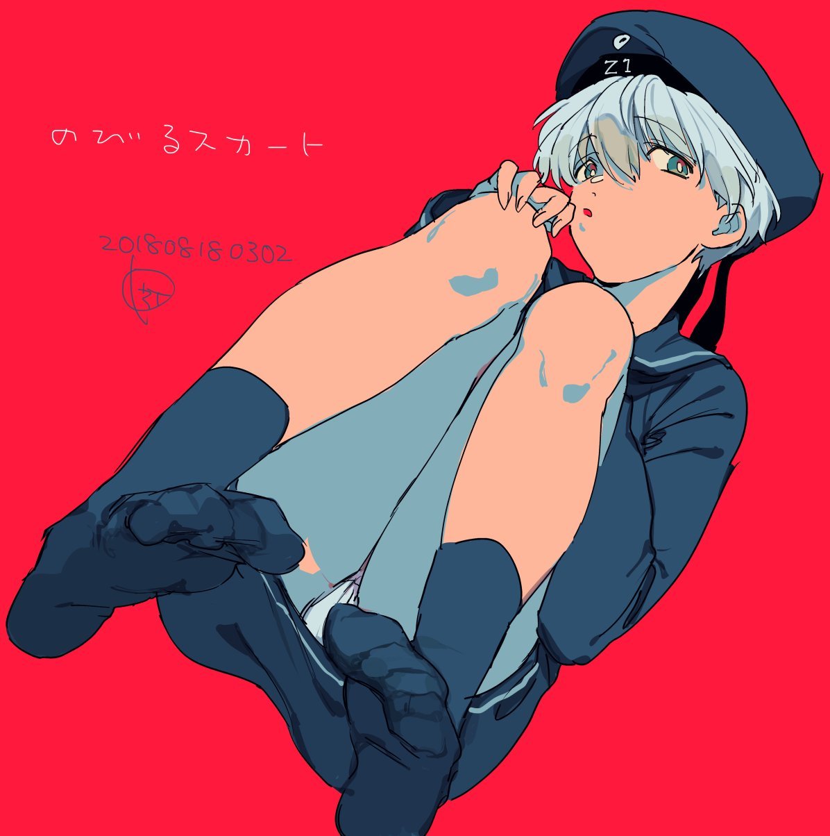 nakagomiyuki415, z1 leberecht maass (kancolle), kantai collection, highres, 1girl, blue dress, blue eyes, blue hat, blue sailor collar, blue socks, dated, dress, grey hair, hand on own knee, hat, long sleeves, looking at viewer, panties, pantyshot, parted lips, red background, sailor collar, sailor dress, short hair, simple background, sitting, socks, solo, underwear, white panties