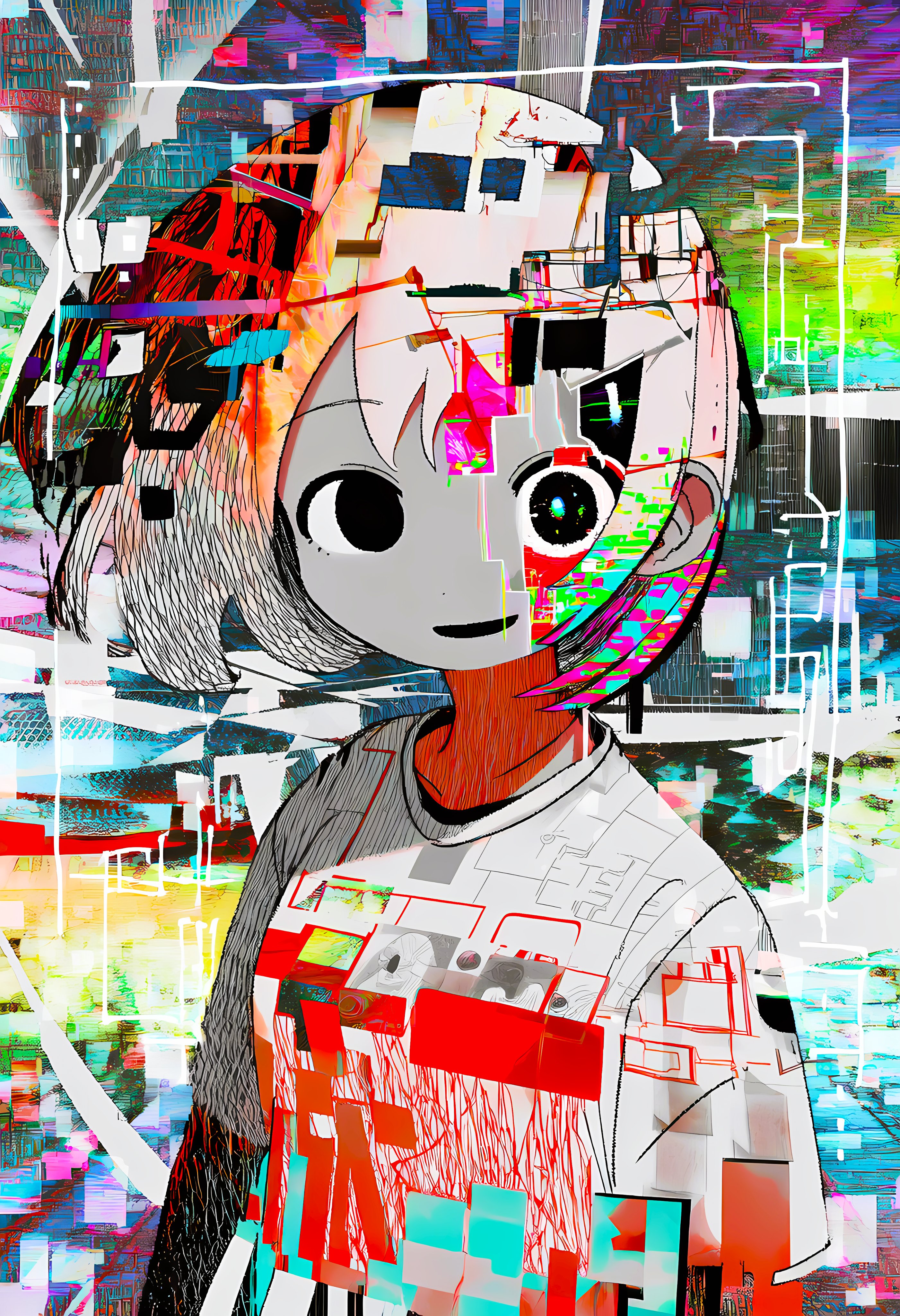 original, absurdres, highres, 1girl, absurdly detailed composition, looking at viewer, psychedelic, shirt, short hair, smile, solo, st66612873, upper body