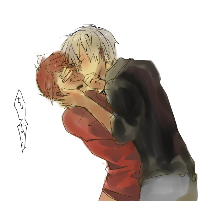 gm, amakusa juuza, ushiromiya battler, umineko no naku koro ni, silver hair, 00s, 2boys, kiss, male focus, multiple boys, red hair, white background, yaoi